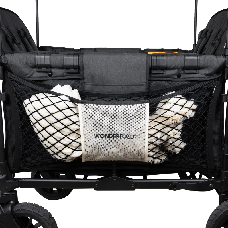 Lightweight beige mesh construction, Wonderfold WonderNet Cargo Mesh Net Bag secures items on twins stroller rides