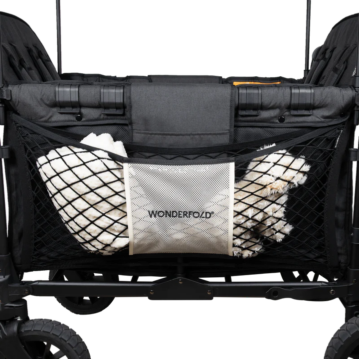 Lightweight beige mesh construction, Wonderfold WonderNet Cargo Mesh Net Bag secures items on twins stroller rides