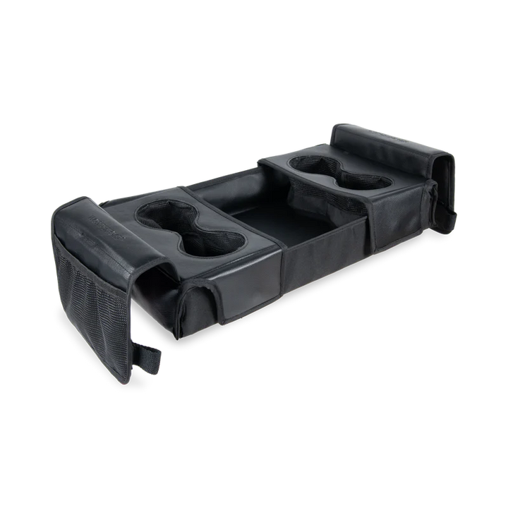 Enjoy snacks on the go with Wonderfold Snack Tray for stroller wagon, featuring dual cup holders and easy-access compartments