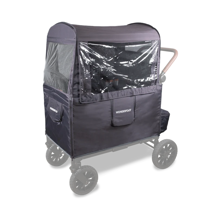 Designed for a double stroller, Wonderfold Weather Cover offers breathable yet protective coverage for multiple riders