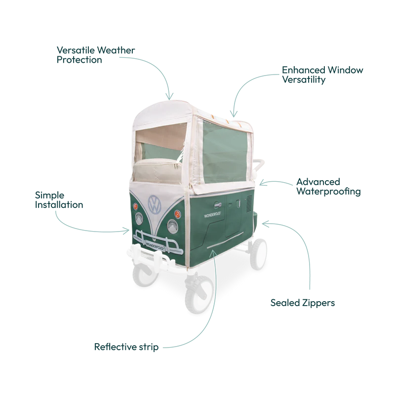 Designed in Sage Green, Wonderfold Volkswagen Weather Cover supports double stroller use with full enclosure coverage