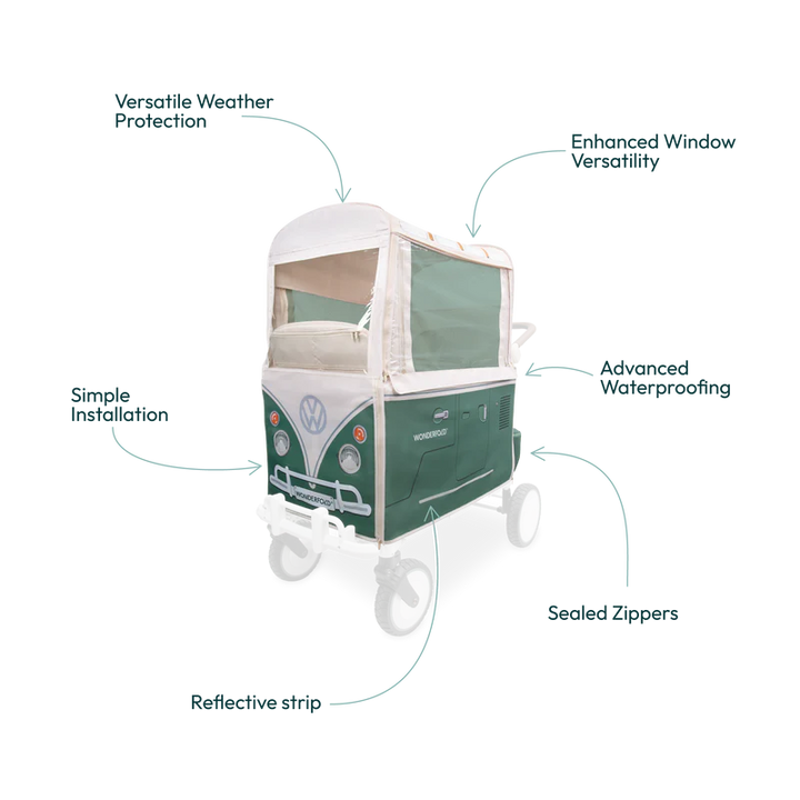 Designed in Sage Green, Wonderfold Volkswagen Weather Cover supports double stroller use with full enclosure coverage