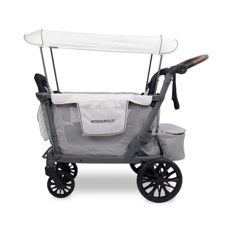 Side angle of the Wonderfold L2 Double Stroller Wagon in Grey, an easy-to-use double stroller for everyday adventures.