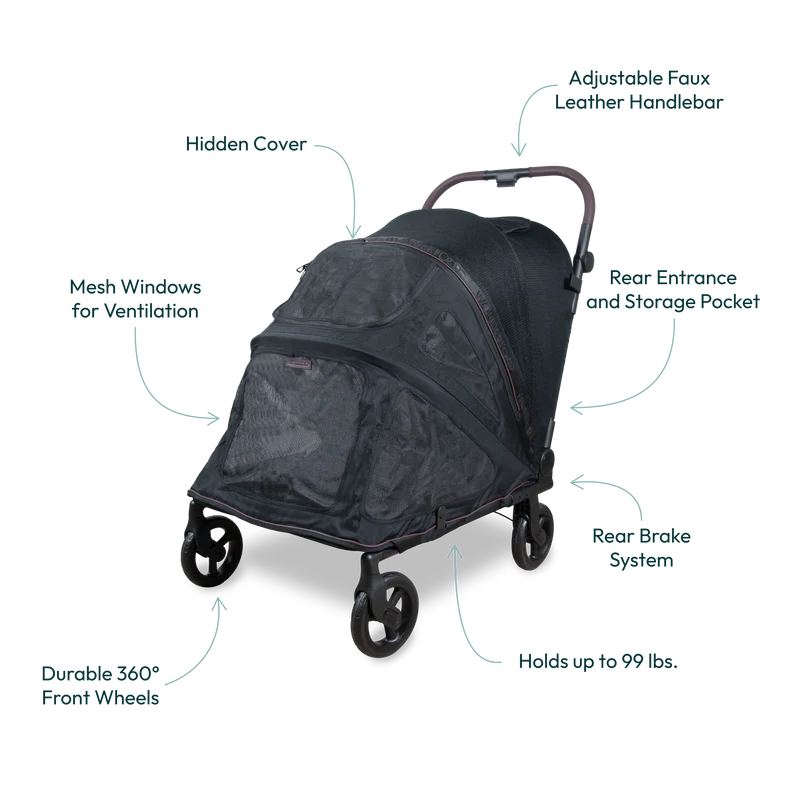 Premium black Wonderfold Hudson Pet Stroller stands out as one of the best pet stroller options for pet parents