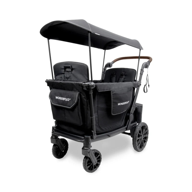 Black Wonderfold L2 Double Stroller Wagon shown open, a reliable stroller wagon for travel and family outings.