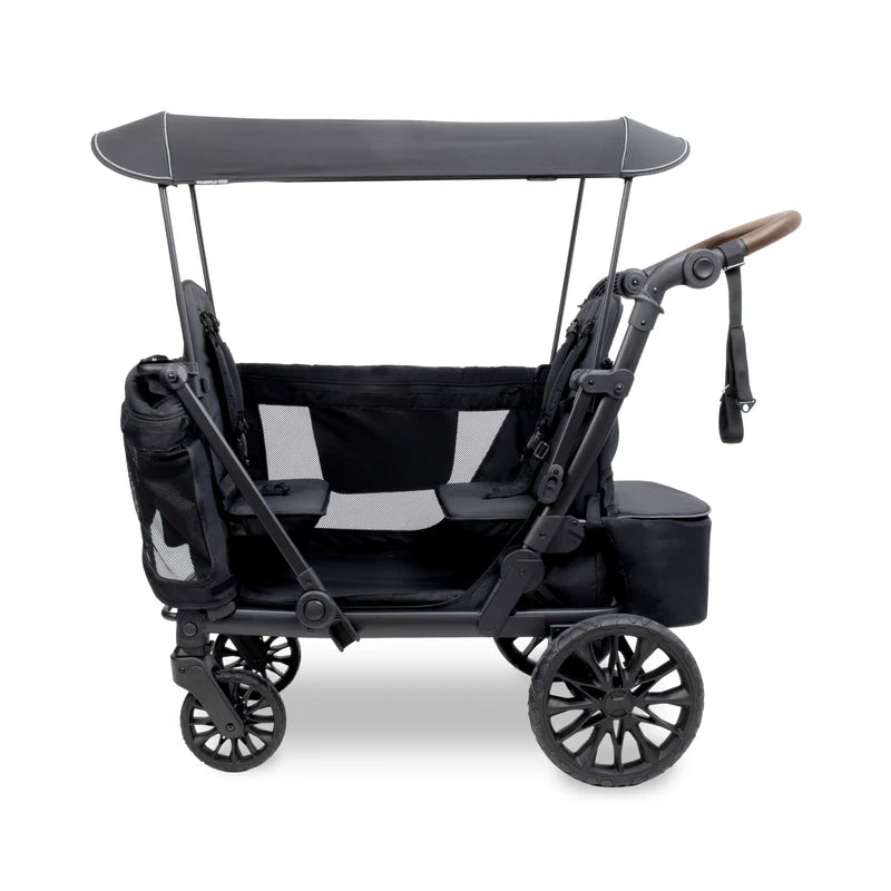 Black Wonderfold L2 Double Stroller Wagon with canopy extended, offering shade in a wagon stroller design.