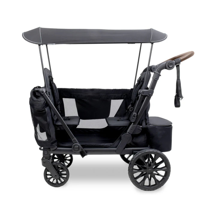 Black Wonderfold L2 Double Stroller Wagon with canopy extended, offering shade in a wagon stroller design.