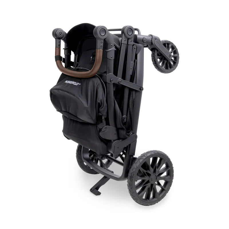 Back view of the Wonderfold L2 Double Stroller Wagon in Black, highlighting a compact double stroller design.