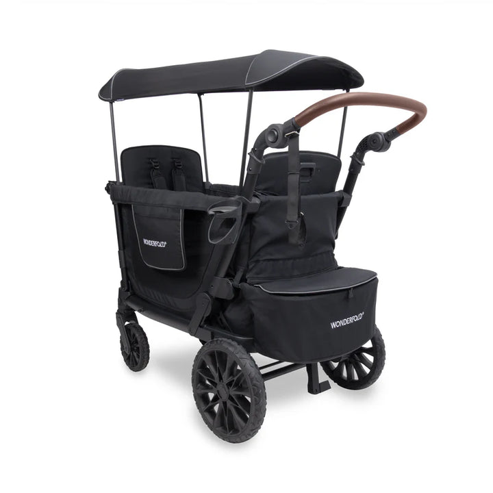 Wonderfold L2 Double Stroller Wagon in Black with cup holder, a sleek baby stroller design perfect for families on the go.