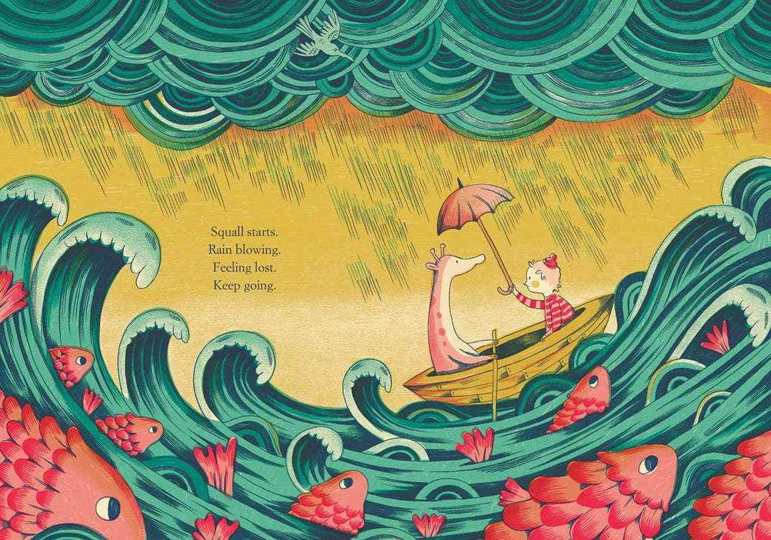 Yellow Kayak hardcover illustration of a tiny boat sailing across the ocean, a Simon & Schuster book for kids