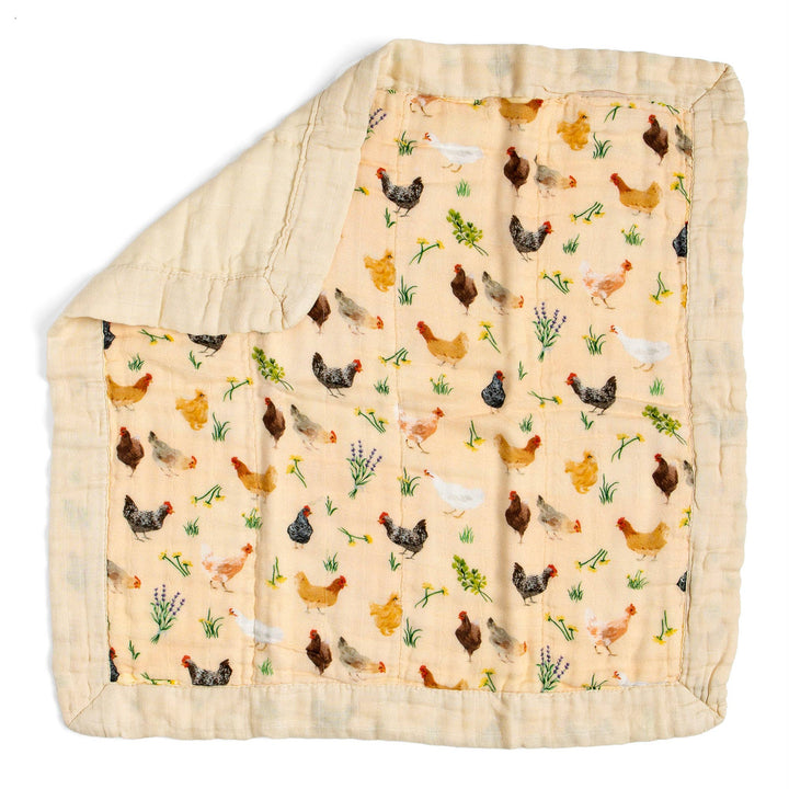 Chicken Meadows baby lovey by 1canoe2, muslin blanket folded to highlight chicken print for newborn swaddle wrap