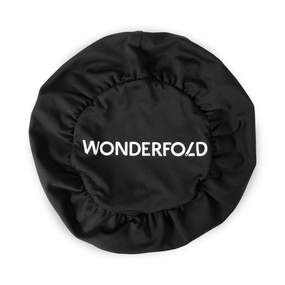 Side view of Wonderfold Wheel Covers in Black, protective stroller wagon add-ons that keep wheels clean.