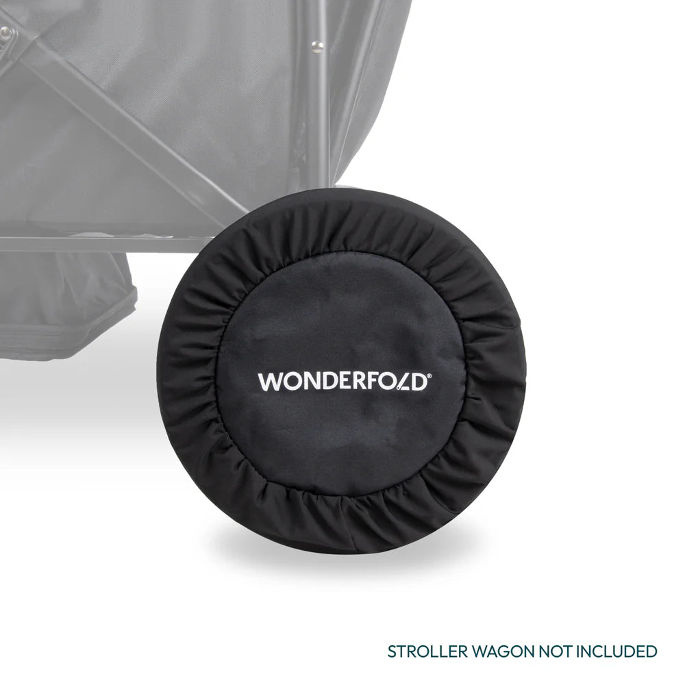 Black Wonderfold Wheel Covers shown individually, designed to protect your best stroller from dirt and wear.