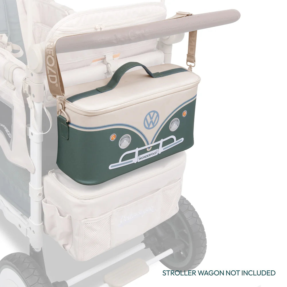 Side profile of Sage Green Wonderfold VW Cooler Bag, a compact stroller accessory and small cooler bag in one.