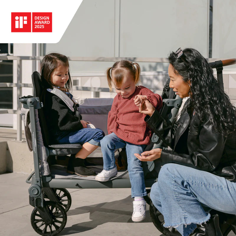 Award-winning Wonderfold L2 Double Stroller Wagon, shown lifestyle in Grey, recognized as one of the best stroller options.