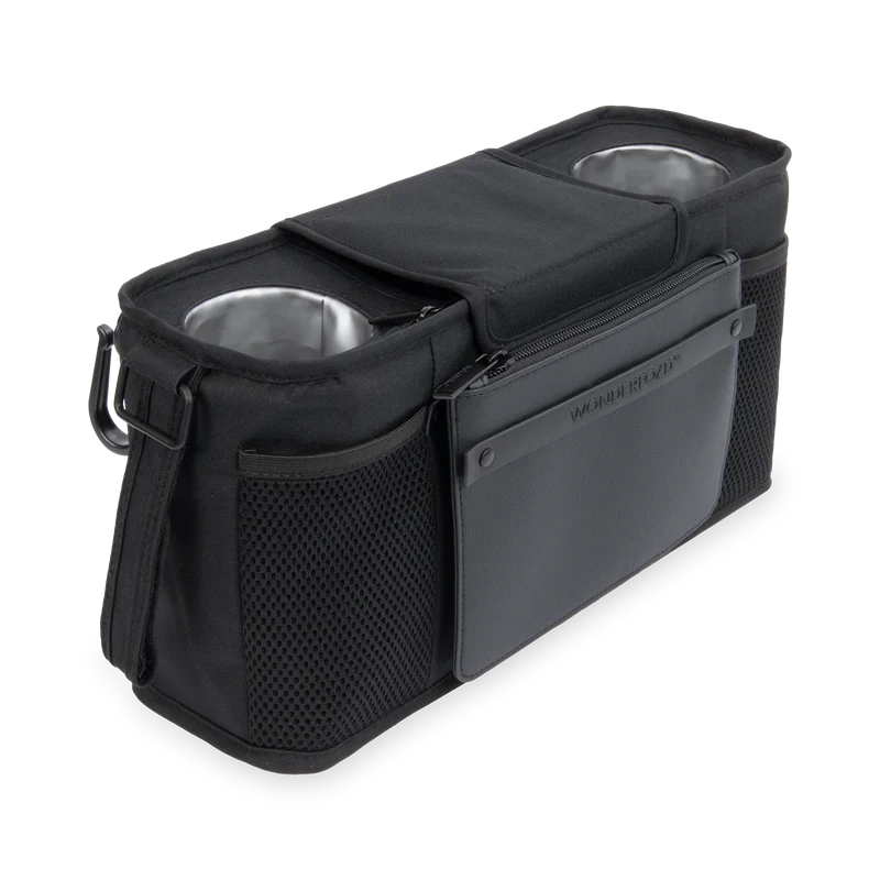 Clean jet black finish Wonderfold Parent Console enhances any wagon stroller with sleek organization
