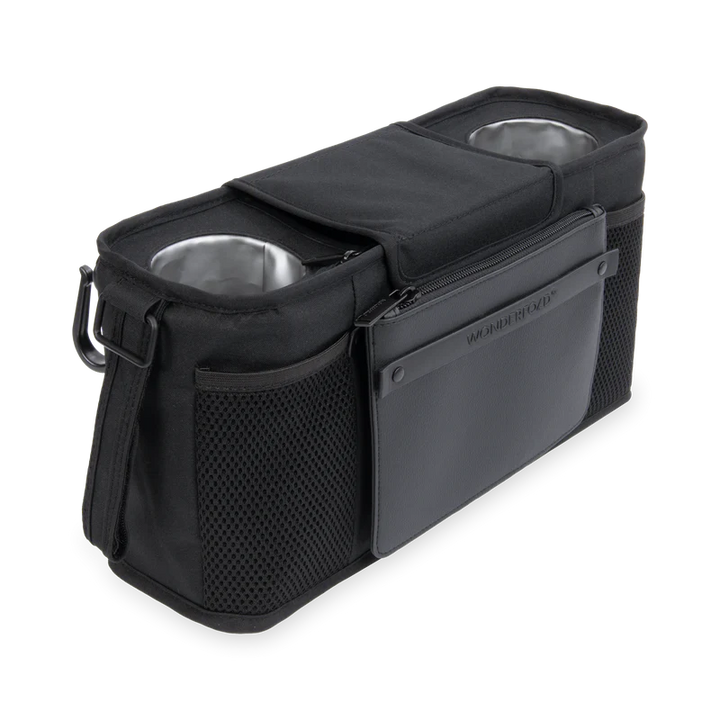 Clean jet black finish Wonderfold Parent Console enhances any wagon stroller with sleek organization
