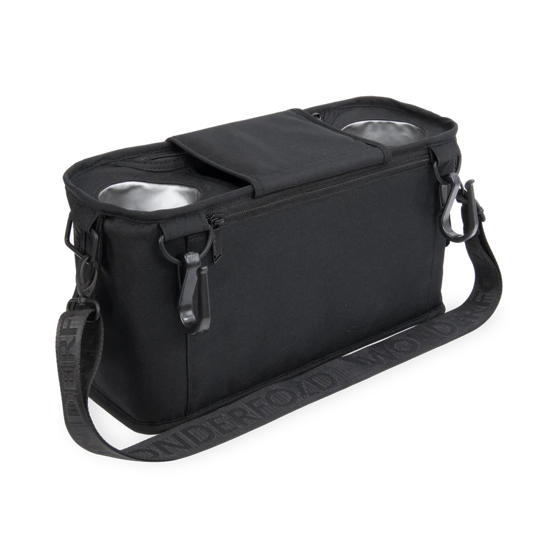 Functional jet black Wonderfold Parent Console keeps daily items accessible on twins stroller outings