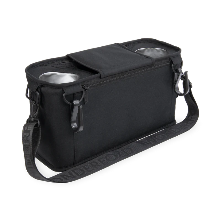 Functional jet black Wonderfold Parent Console keeps daily items accessible on twins stroller outings