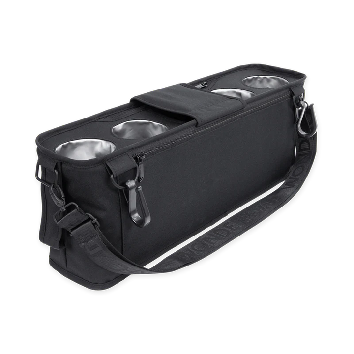Versatile jet black Wonderfold Parent Console pairs with wagon stroller for easy-access storage