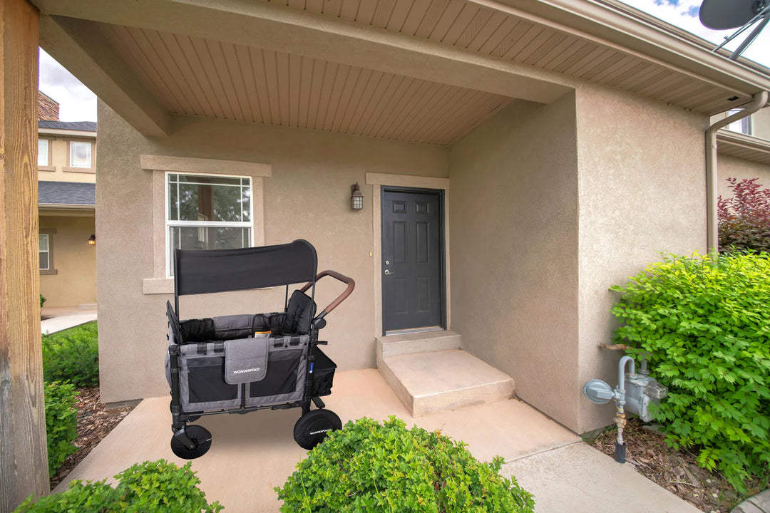 Wonderfold Wheel Covers in lifestyle view with W2 series, ideal stroller wagon accessories for active families.
