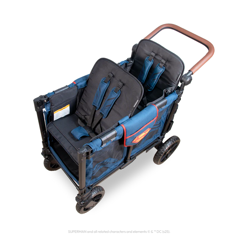 Featuring iconic styling, the Wonderfold W2 Luxe Pro doble stroller Superman edition ensures comfort and visual appeal