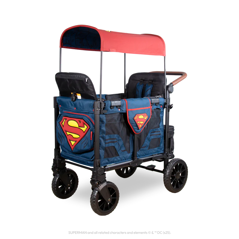 Inspired by Superman, the Wonderfold W2 Luxe Pro Stroller Wagon in blue and red delivers bold style as a stroller wagon