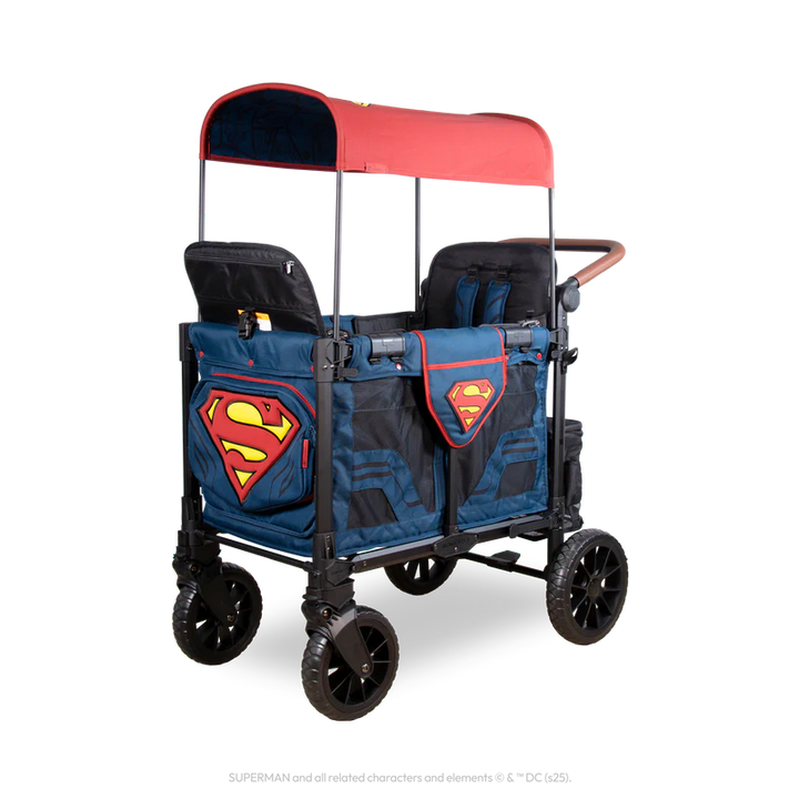 Inspired by Superman, the Wonderfold W2 Luxe Pro Stroller Wagon in blue and red delivers bold style as a stroller wagon