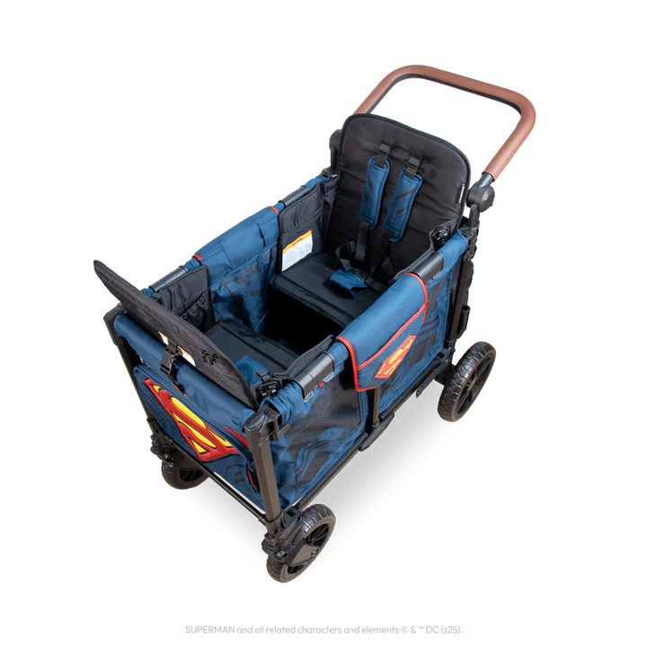 Designed in striking blue and red, this Wonderfold W2 Luxe Pro twins stroller combines durability with playful style