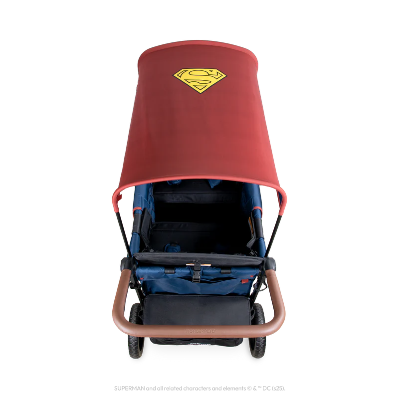 Graphic Superman Wonderfold W4 Elite Pro Stroller Wagon designed as a doble stroller with standout look