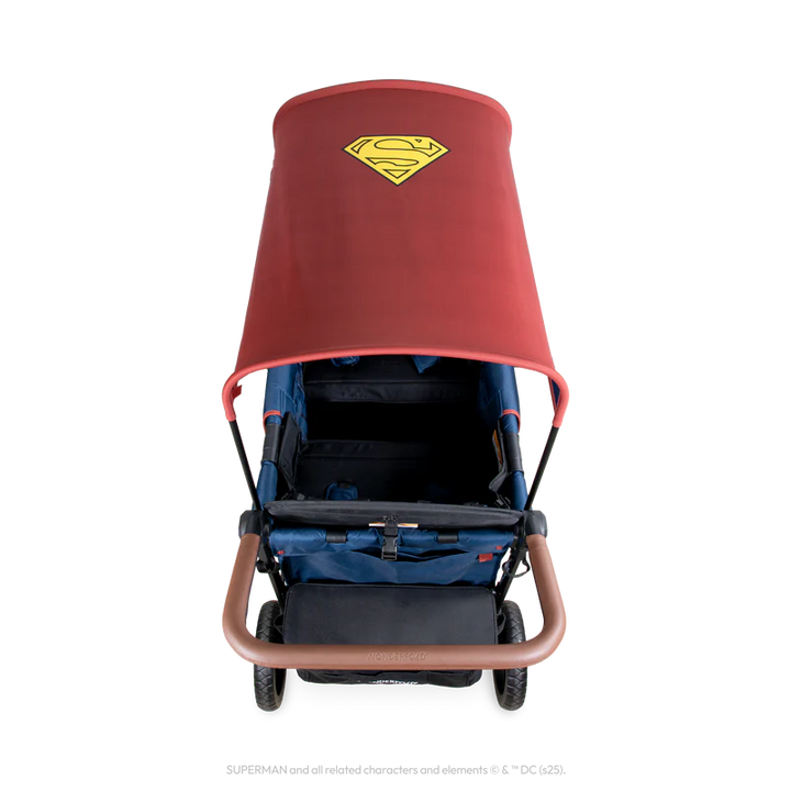 Graphic Superman Wonderfold W4 Elite Pro Stroller Wagon designed as a doble stroller with standout look