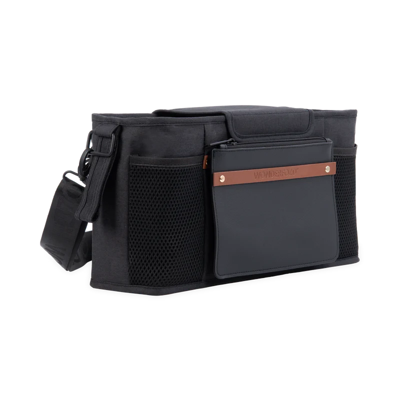 Sleek black Wonderfold Parent Console adds storage and cup holders to a double stroller setup