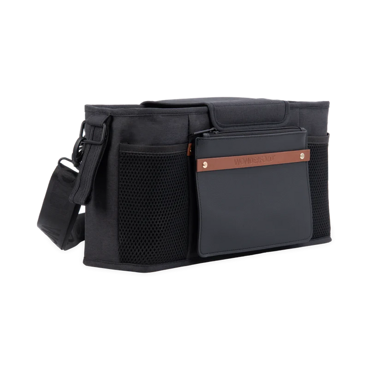 Sleek black Wonderfold Parent Console adds storage and cup holders to a double stroller setup