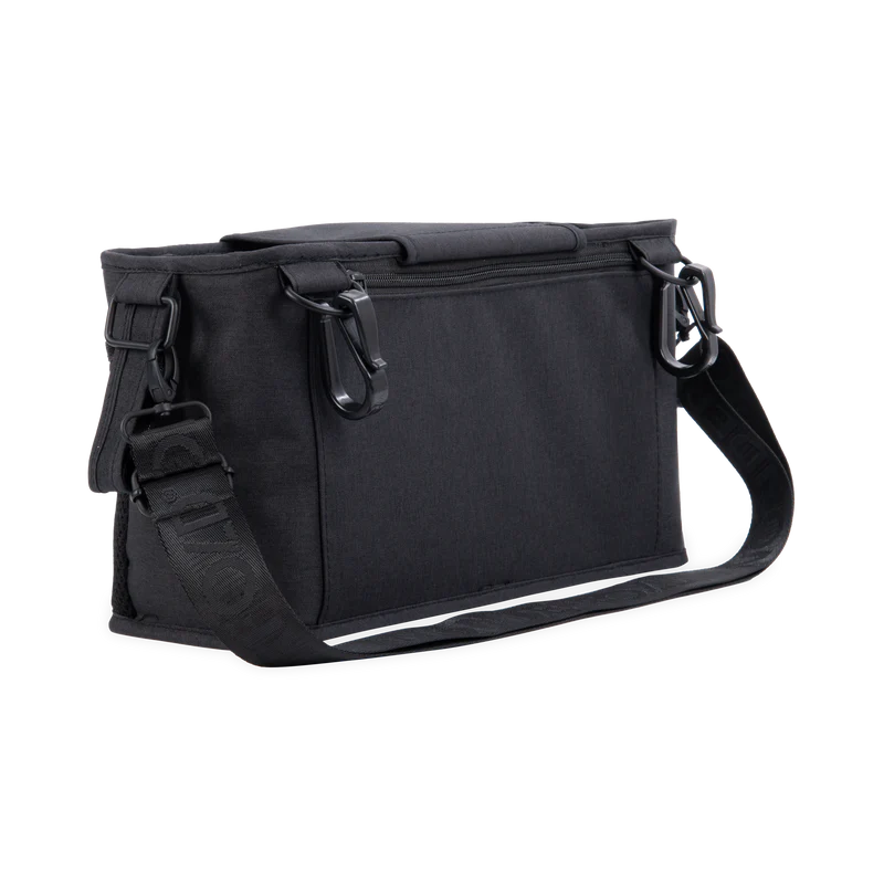 Modern black Wonderfold Parent Console fits a doble stroller, keeping essentials within easy reach