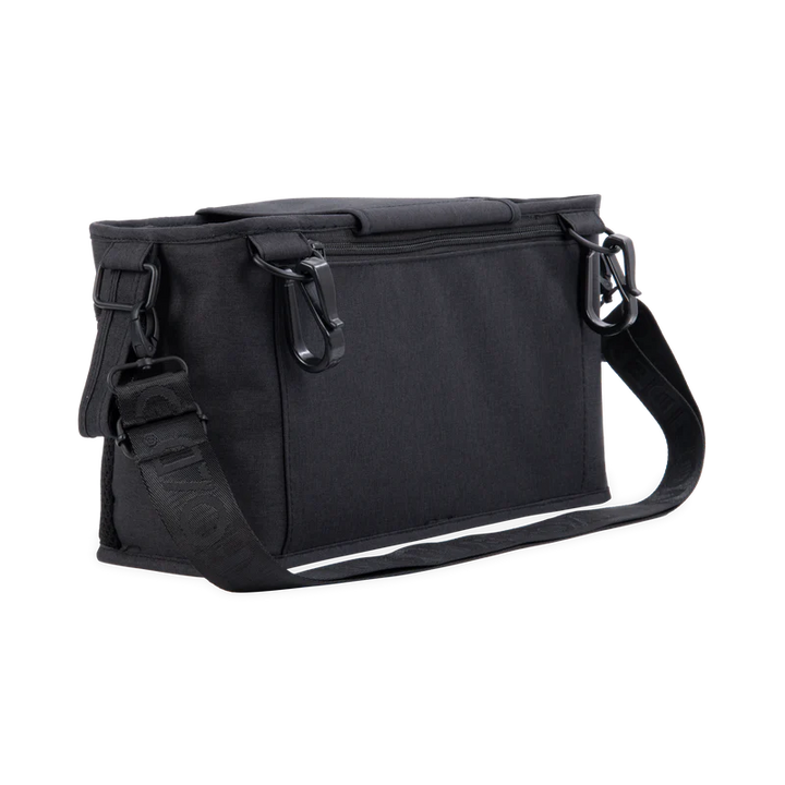 Modern black Wonderfold Parent Console fits a doble stroller, keeping essentials within easy reach