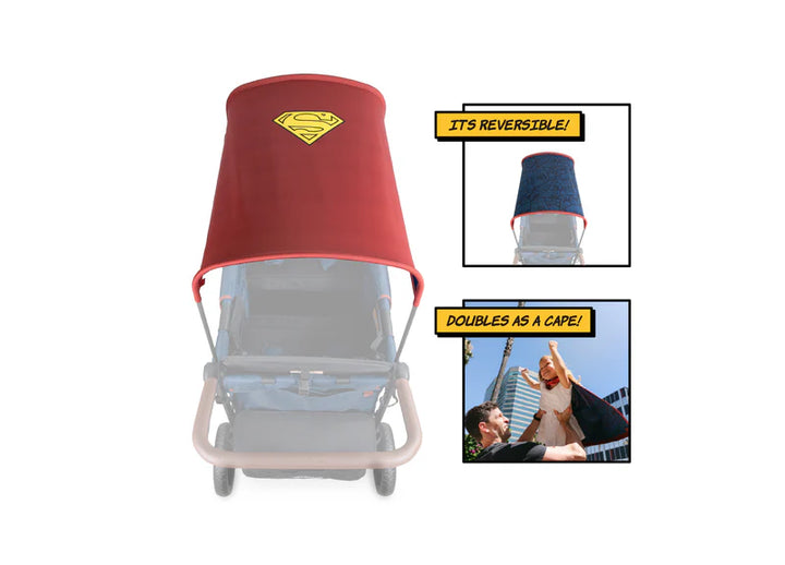 Showcasing blue and red superhero design, Wonderfold Elite/Luxe Canopy Fabric is ideal stroller accessories for added coverage