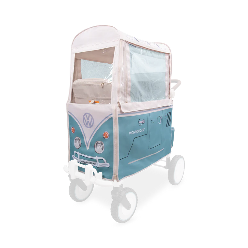 Wonderfold Volkswagen Weather Cover in Bondi Blue for stroller wagon, offering full weather protection with clear visibility panels