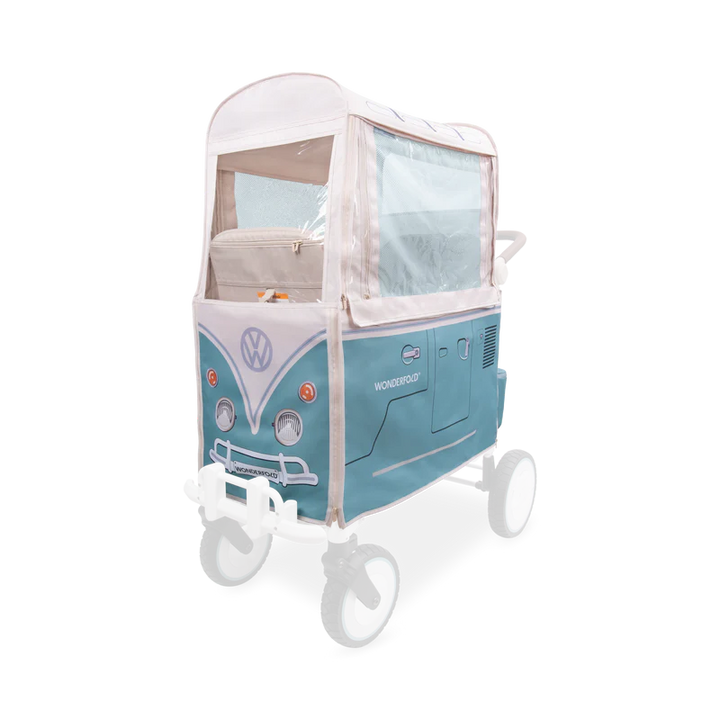 Wonderfold Volkswagen Weather Cover in Bondi Blue for stroller wagon, offering full weather protection with clear visibility panels