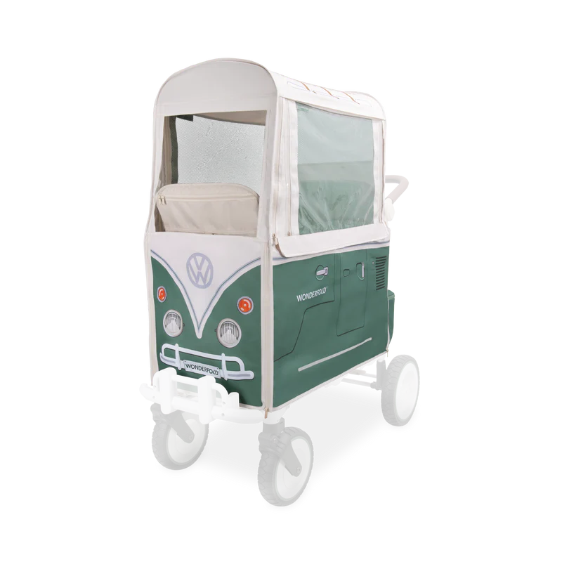 In Sage Green, Wonderfold Volkswagen Weather Cover fits wagon stroller setups, shielding kids from rain and wind
