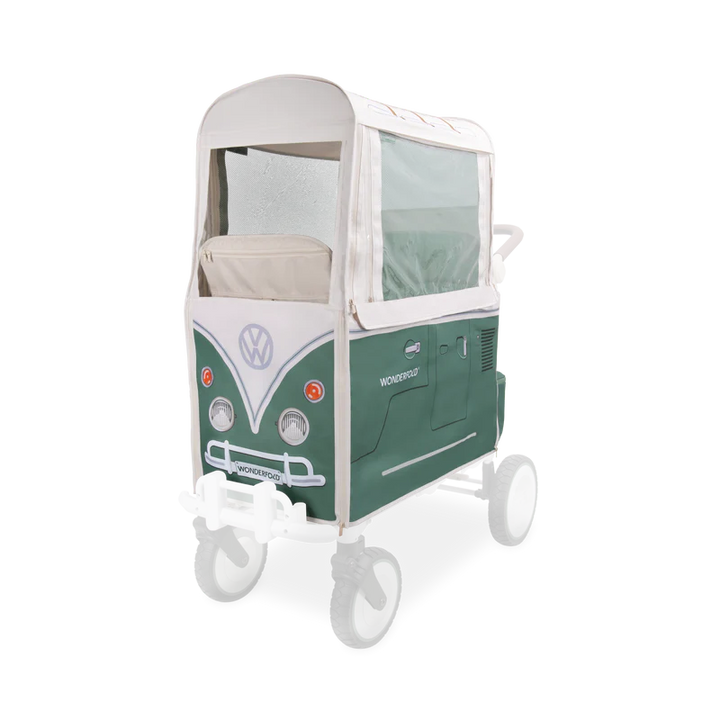 In Sage Green, Wonderfold Volkswagen Weather Cover fits wagon stroller setups, shielding kids from rain and wind