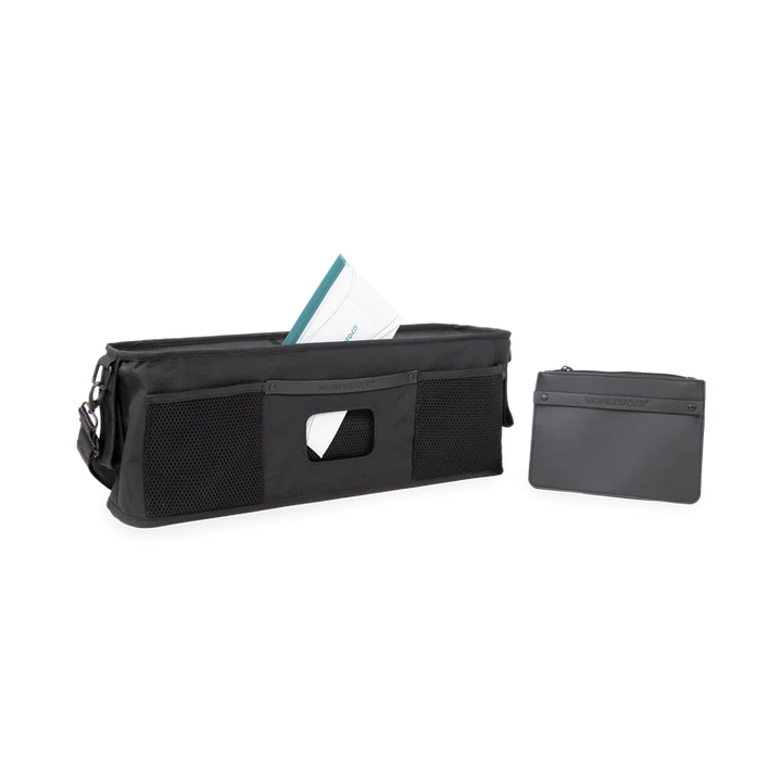 Durable jet black Wonderfold Parent Console provides extra storage space for double stroller use