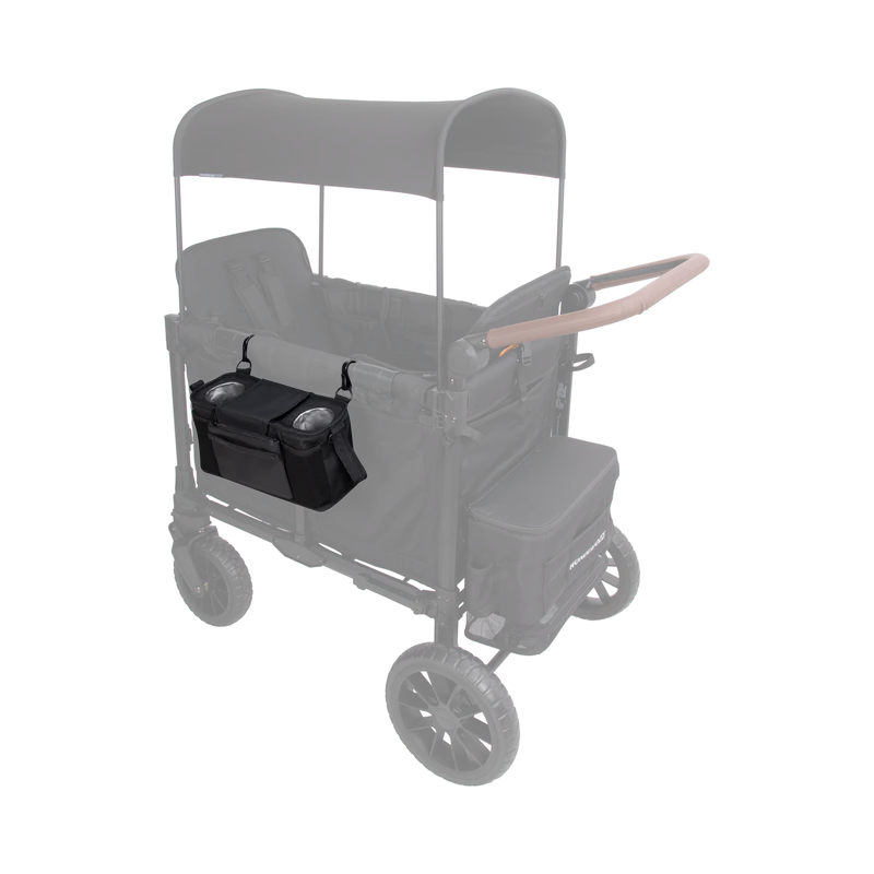 Jet black Wonderfold Parent Console keeps essentials organized on a doble stroller with ease