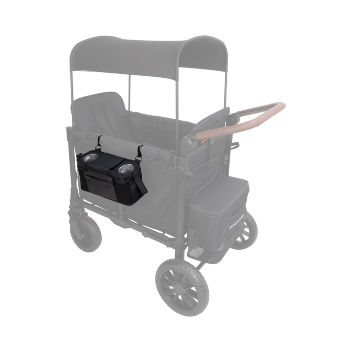 Jet black Wonderfold Parent Console keeps essentials organized on a doble stroller with ease