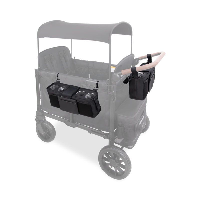 Convenient jet black Wonderfold Parent Console adds function and style to a double stroller