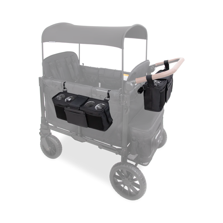 Convenient jet black Wonderfold Parent Console adds function and style to a double stroller