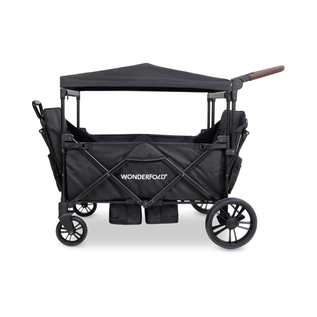 Black X4R Quad Stroller Wagon by Wonderfold with telescopic pull handle and push handlebar