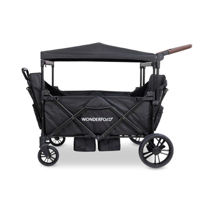 Black X4R Quad Stroller Wagon by Wonderfold with telescopic pull handle and push handlebar