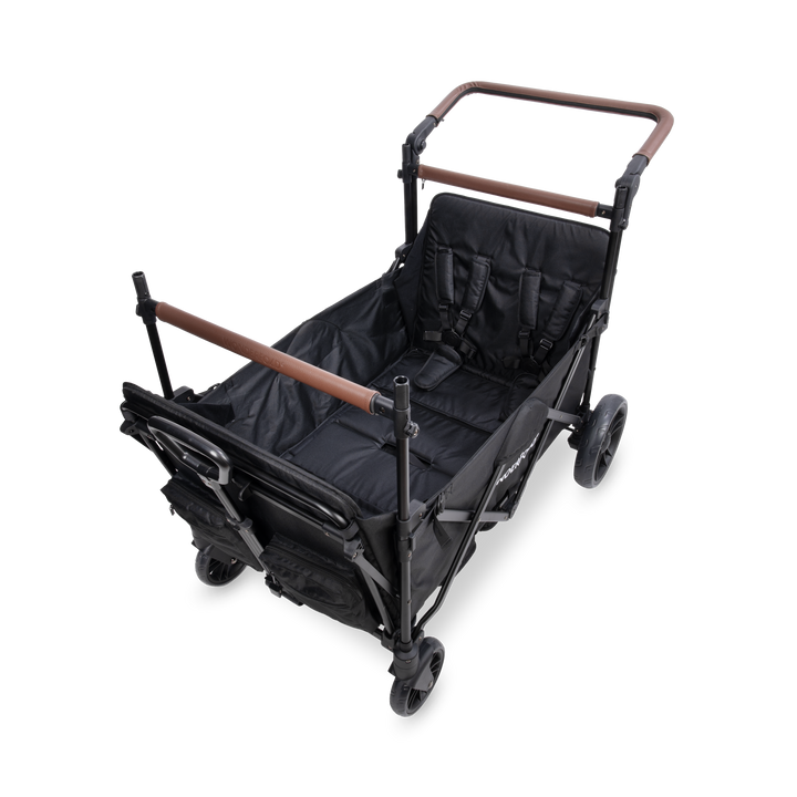 Wonderfold X4R Quad Stroller Wagon Black side view showing storage pockets and 5-point harnesses