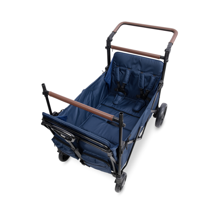 Side view of the Navy Wonderfold X4R Quad Stroller Wagon, a family wagon stroller for four kids