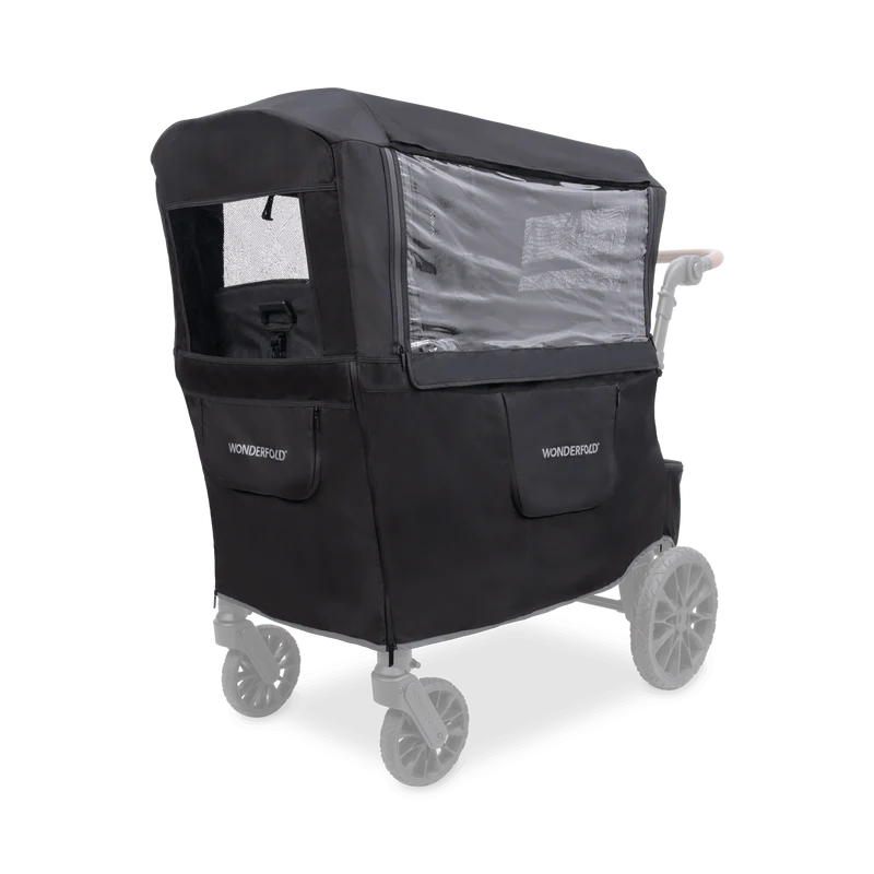 Built for a wagon stroller, Wonderfold Weather Cover keeps children dry and comfortable in rain or wind